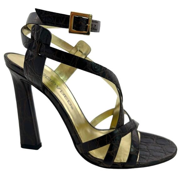 New Dsquared2 Women US 8 Brown Croc Embossed Leather High Heel Sandals | $650 - Picture 3 of 17